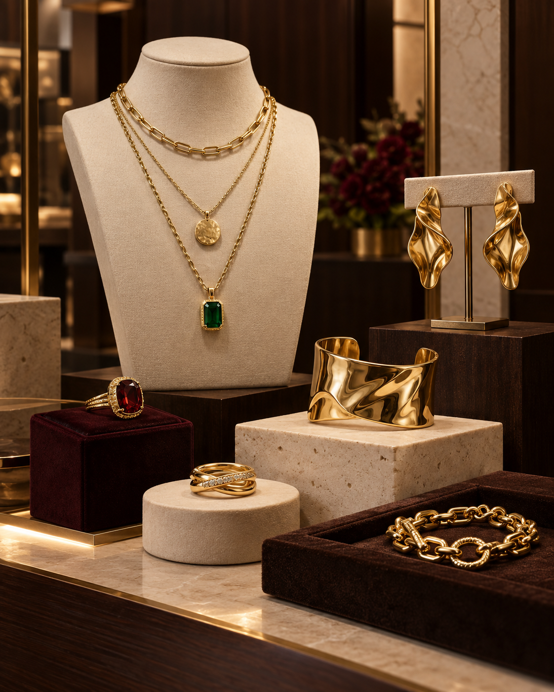 A curated fine jewelry collection with layered gold pieces and gemstone accents