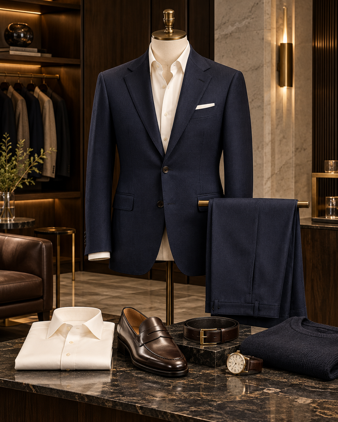 A complete men's designer wardrobe with tailored clothing and accessories