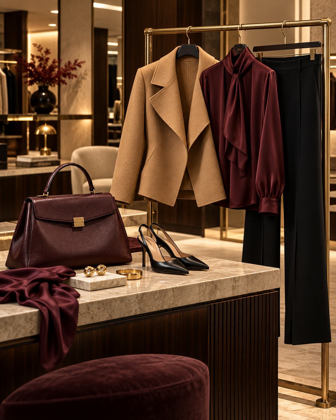 A coordinated women's designer wardrobe with clothing, shoes and accessories